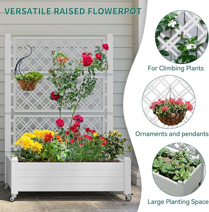 YITAHOME 3.6x1.5x5 FT Planter Box Trellis with Wheels, Large Outdoor Plastic Raised Garden Bed with Drain Plug for Climbing Plants, Grayish-White