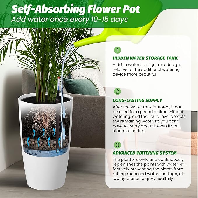 22" Tall Round Planter Set of 2, Self Watering Pots for Indoor Plants, Large Flower Pot Outdoor with Built-in Drainage and a Water Level Monitor, for Patio, Porch, Living Room, or Home Office, White