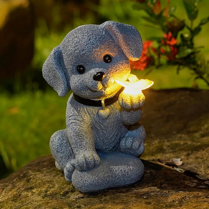 Solar Dog Statue Garden Decor with Butterfly Light – Waterproof Outdoor Yard Art for Patio, Lawn, Balcony for Mother’s Day, Father’s Day, Housewarming, Mom, Dad, Grandma, Men, Women