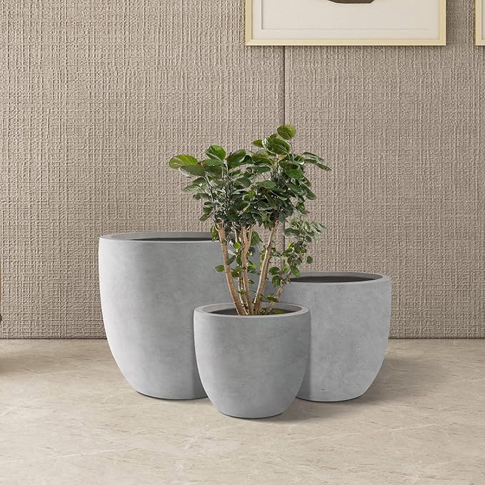 Kante 18",14",10" Dia Concrete Round Planters (Set of 3), Outdoor Indoor Large Planter Pots with Drainage Hole and Rubber Plug for Home Patio Garden, Natural Concrete