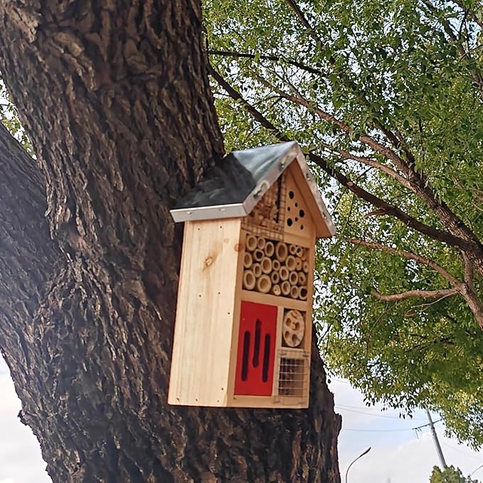 TIHOOD Natural Wooden Hanging Bee House for Gardens Natural Wooden Butterfly Hotel for Bee, Butterfly, Ladybirds, Habitat, Bee Hotel Garden