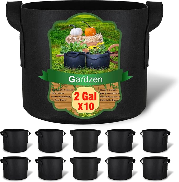 Gardzen 10-Pack 2 Gallon Grow Bags, Aeration Fabric Pots with Handles, Heavy Duty Cloth Pots for Plants