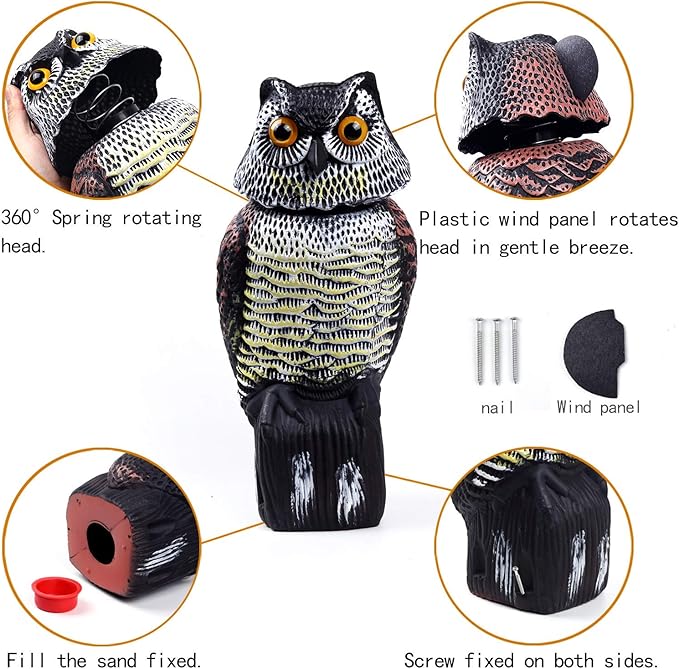 Owl Decoys to Scare Birds Away with Rotating Head,Natural Enemy Bird Deterrent Realistic Eyes & Waterproof Shape Fake Owl Scarecrow Bird Control