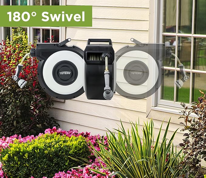 Tuyeho Retractable Garden Hose Reel 100FT, Wall Mount Heavy Duty Water Hose Reels with Automatic Slow Rewind System, Outdoor Hoses Reel with 2 Hose Nozzles for Garden Watering, Car Wash, Pet Shower