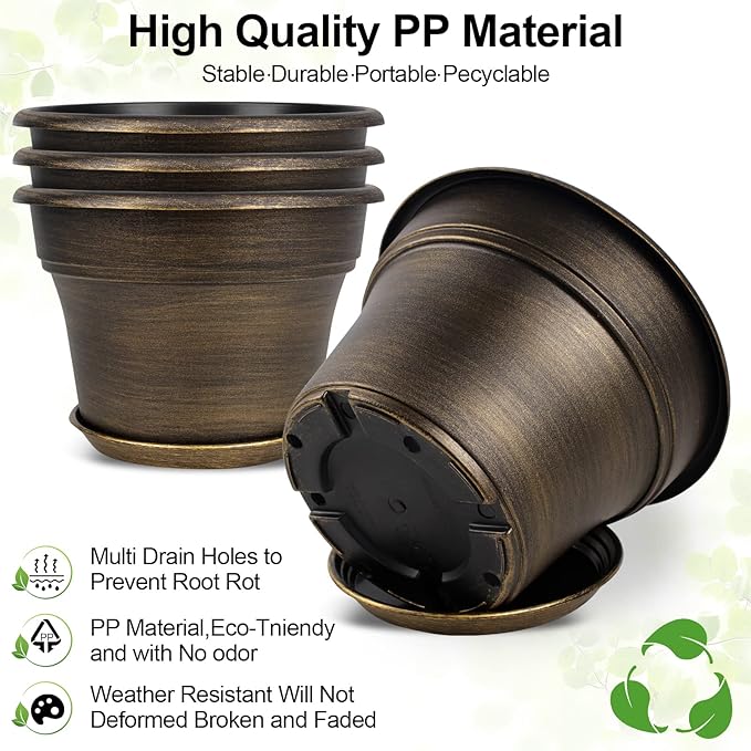 Plant Planters Pots Set of 6 Pack 6 Inch, Plastic Flower Pot for Indoor Plants with Drainage Holes & Trays, Resin Decorative Container Sets with Saucer for House Outdoor Garden Planters Dark Gold