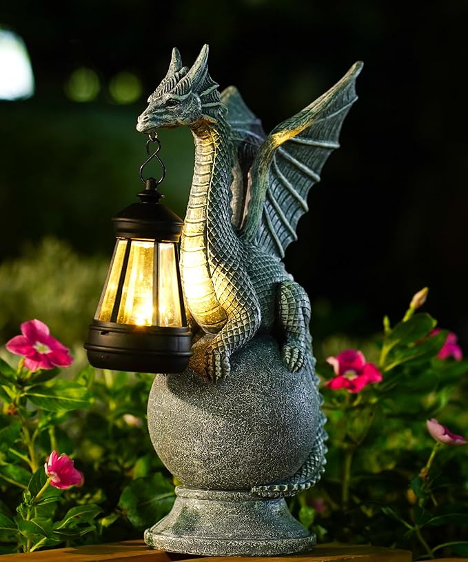 Dragon on Ball with Solar Lantern Statues: Garden Decor Outdoor Decorations Art Figurine for Patio Balcony Yard Lawn