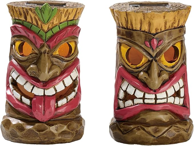 TERESA'S COLLECTIONS Tiki Head Garden Decor with Solar Outdoor Light, Set of 2 Tropical Hawaiian Tiki Torch Resin Christmas Decorations Garden Sculptures & Statues Yard Decor Thanksgiving Gifts 6"