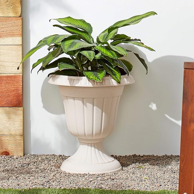 PL00BG Classic Traditional Plastic Urn Planter Indoor/Outdoor, 16" x 18", Beige