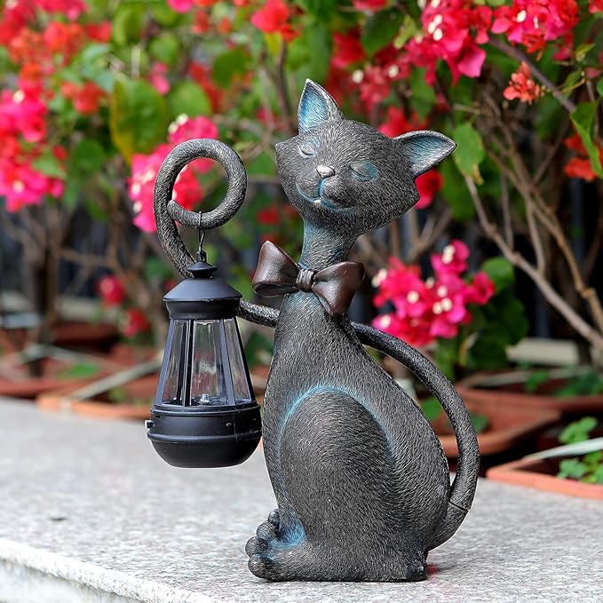 Whimsical Solar Cat Statue Decor with Solar Lantern - Unique Outdoor Spring Garden Decor for Patio, Balcony and Yard Art Lights - Ideal Mothers Day Birthday Gifts for Mom,Grandma,Women and Cat Lovers