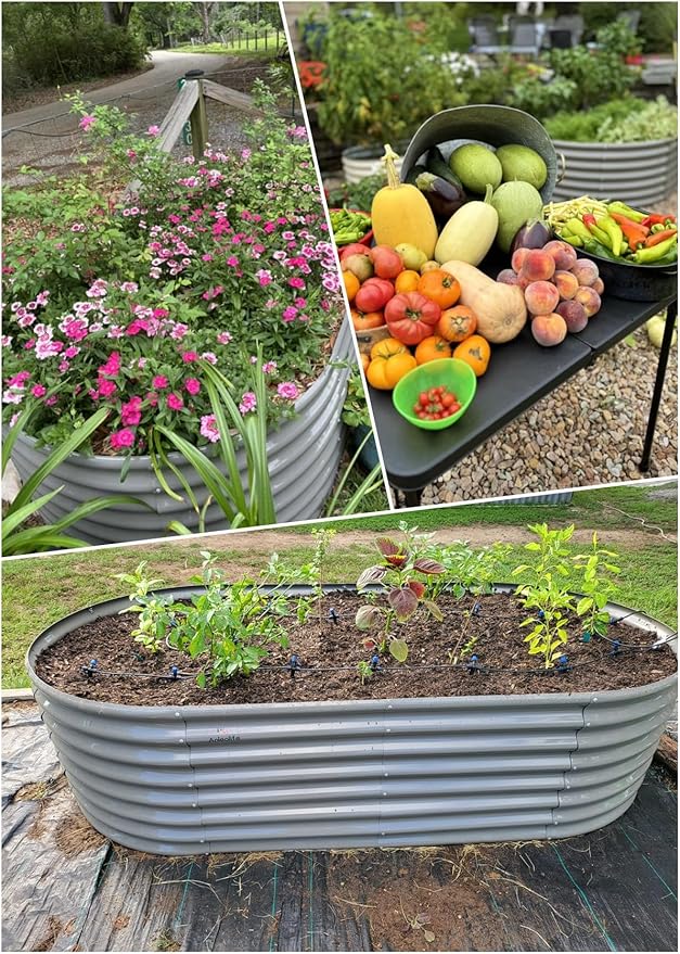 A ANLEOLIFE 8x4x2ft Galvanized Raised Garden Bed Kit, Oval Metal Deep Root Planters for Outdoor Plants Vegetables Flowers Herb, Large Bottomless, 478 Gallon Capacity- Quartz Grey