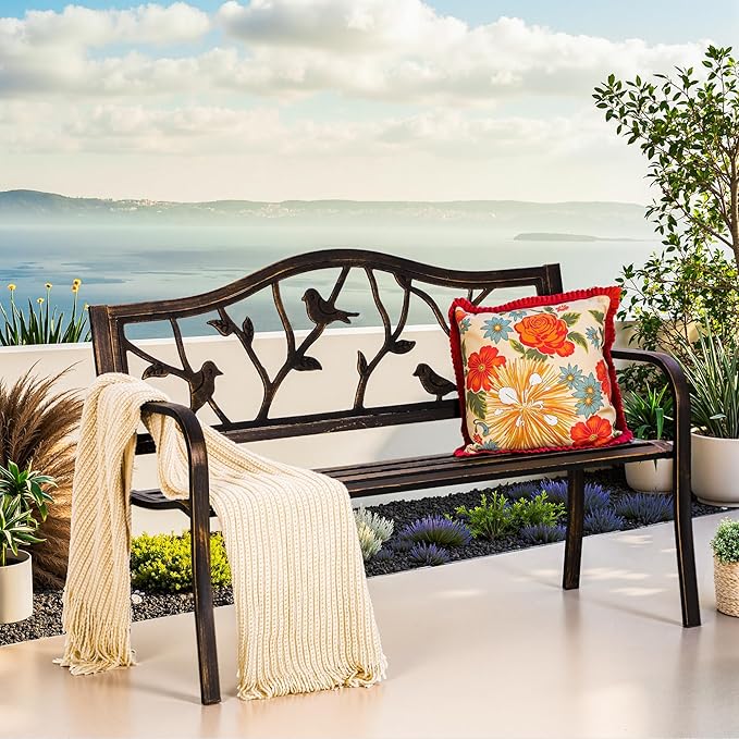PHI VILLA Outdoor Garden Park Bench Patio 50" Metal Bench, Steel Frame Bench with Backrest and Armrests for Porch, Lawn, Balcony, Backyard and Indoor, Bronze