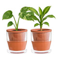 D'vine Dev 4 Inch Design Self Watering Pot for Indoor Plants, Terracotta Planter with Cylinder Glass Cup, Set of 2, 37-Y-A-1