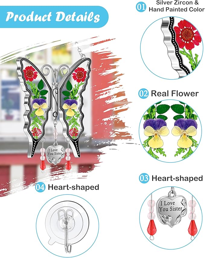 KY&BOSAM Butterfly Suncatcher I Love You Sister Stain Glass Suncatchers for Window Hanging Wind Chime Pressed Flower Between Wings and Charm Birthday Gifts for Women Mother's Day Valentine's Christmas