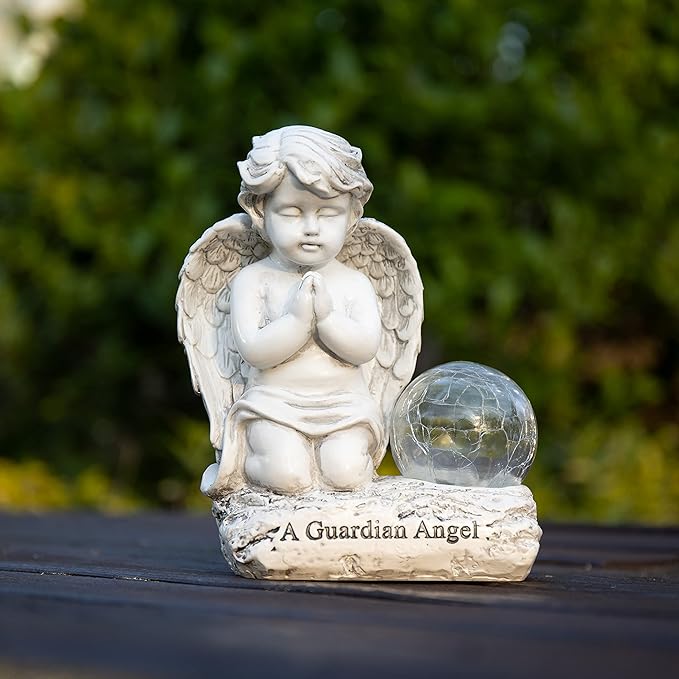 Angel Decor Praying Cherubs Statue, Garden Decor with Solar Crackle Glass Globe for Lawn Patio Decorations