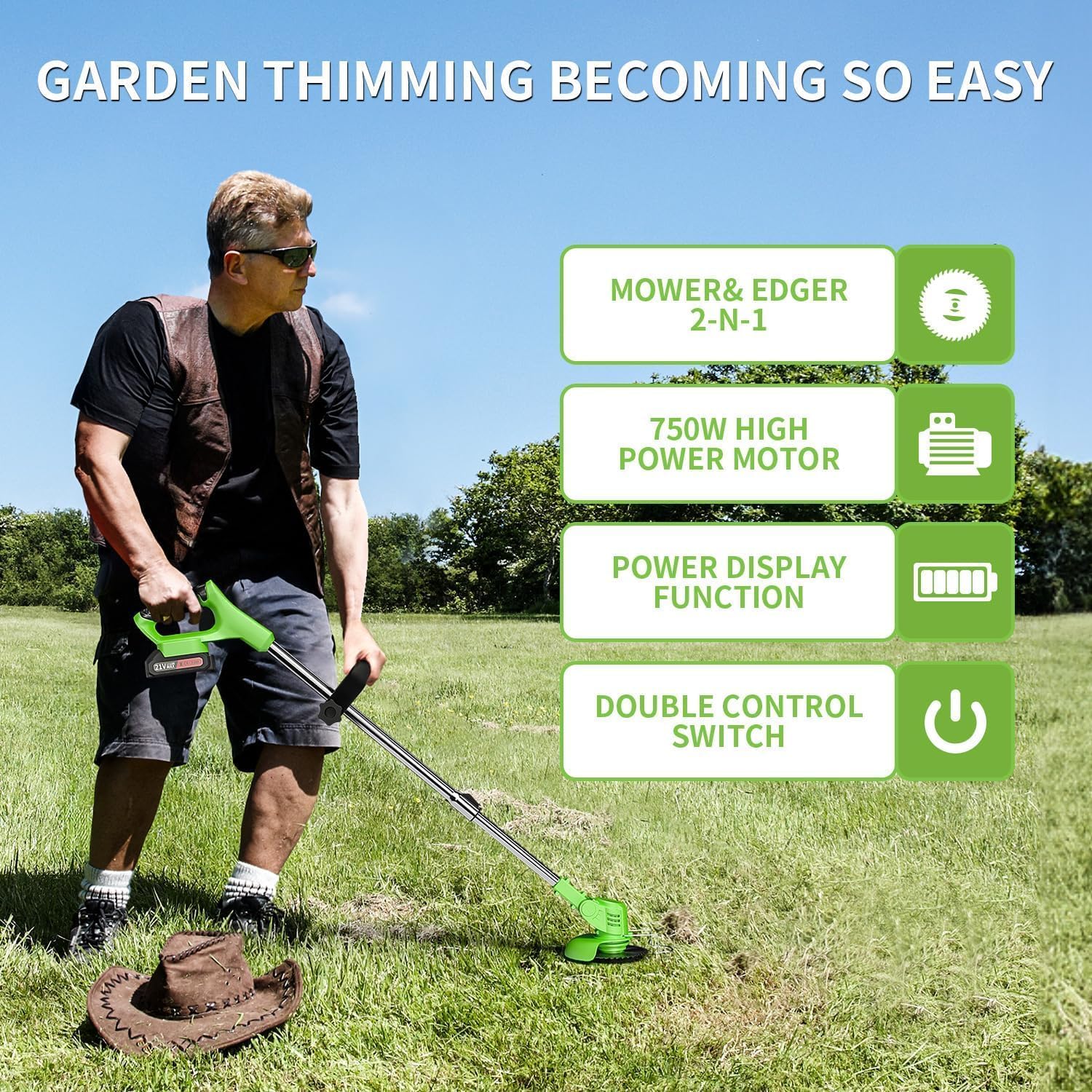 Electric Weed Wacker,Weed Eater on Battery Operated,Comes with Two 24V Batteries and Three Different Types of Blades,3 in 1 Trimmer Lawn/Cordless Trimmer for Lawn Yard Garden (Green)