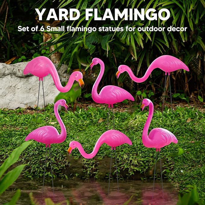 JOYIN Set of 6 Small Pink Flamingo Yard Ornament Stakes, Mini Lawn Plastic Flamingo Statue with Metal Legs for Sidewalks, Outdoor Garden, Luau Party, Tropical Party Decor, 2 Styles