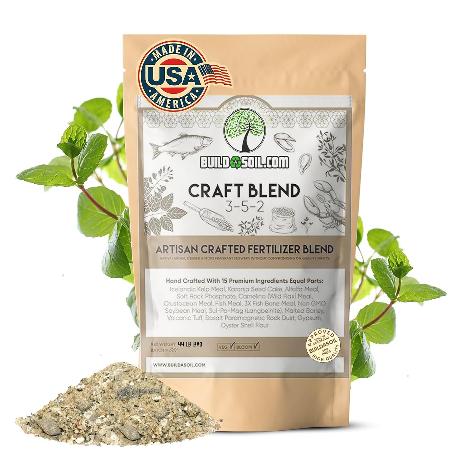 BuildASoil Fertilizer for Vegetable Garden and Ogranic Plant Food | Hand-Crafted Organic Fertilizer with 15 Premium Ingredients | Ensures Larger Plants and More Fragrant Flowers (44 LB - Large Bag)