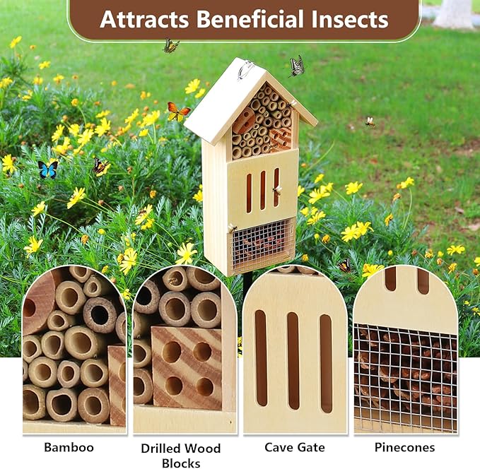Wooden Insect House, Bee House with Metal Stake for Gardens, Insect Hotel & Butterfly Hotel on The Ground or Hanging on Tree Wall, Natural Insect Habitat for Bee, Butterfly, Ladybirds, Bugs