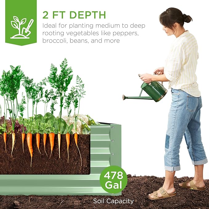 Best Choice Products 8x4x2ft Outdoor Metal Raised Garden Bed, Deep Root Planter Box for Vegetables, Flowers, Herbs, and Succulents w/ 478 Gallon Capacity - Sage Green