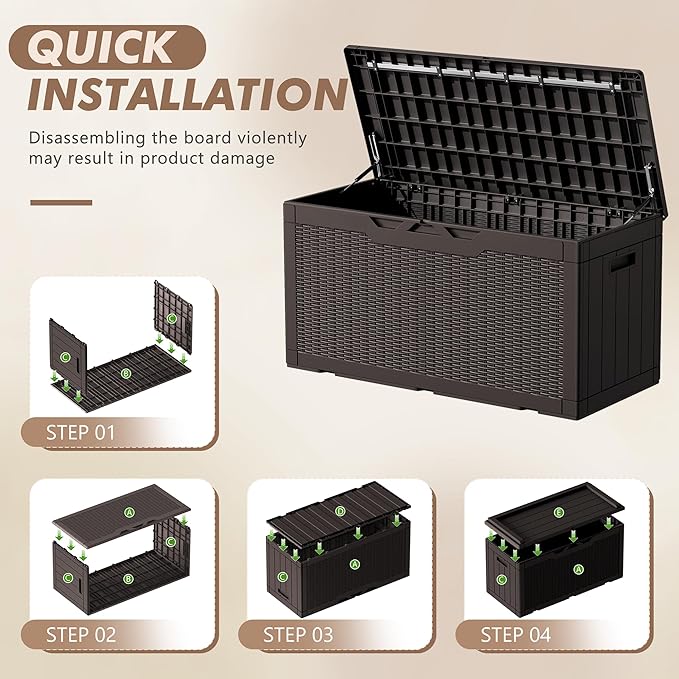 Devoko 100 Gallon Deck Box, Waterproof Resin Outdoor Storage Box with Cushion for Outside and Patio, Large Outdoor Storage Bench Cabinet Lockable for Patio Furniture and Garden Tools (Deep Brown)