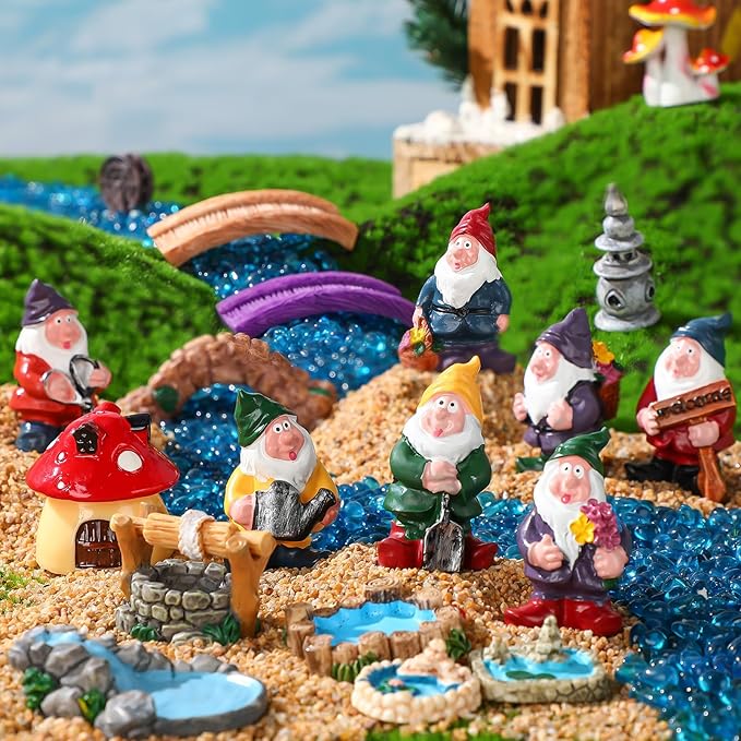 Unittype 19 Pcs Miniatures Fairy Gnome Resin Figures Garden Accessories Mushroom House Figures Fake Pond Lawn Bridge Figurines Terrarium Ornaments Garden Decoration for Outside(Gnome)