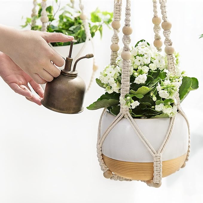 Mkono Macrame Plant Hanger Indoor Hanging Planter Basket with Wood Beads Decorative Flower Pot Holder No Tassels for Indoor Outdoor Boho Home Decor 35 Inch, Ivory, Set of 3 (POTS NOT Included)
