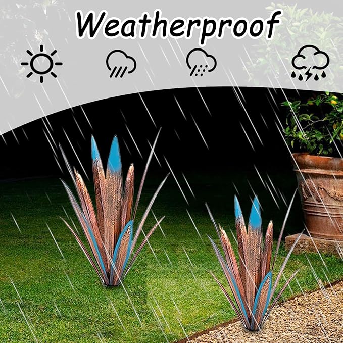 Jesokiibo Tequila Rustic Sculpture DIY Metal Agave Plant Home Decor Rustic Hand Painted Metal Agave Garden Ornaments Outdoor Decor Figurines Home Yard Decorations Stakes Lawn Ornaments (Blue 4PCS)
