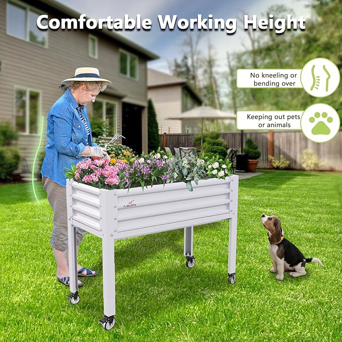 A ANLEOLIFE 6-Set Galvanized Raised Garden Bed with Legs,48x24x35in Large Elevated Planter Box on Wheels with Drainage Holes for Backyard, Balcony, Patio, 600lb Capacity, Antique White