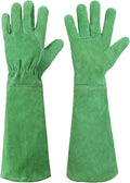HANDLANDY Leather Gardening Gloves, Thorn Proof Long Gauntlet Heavy Duty Garden Gloves, Elbow Length Rose Pruning Weeding Yard Glove (Small, Green)