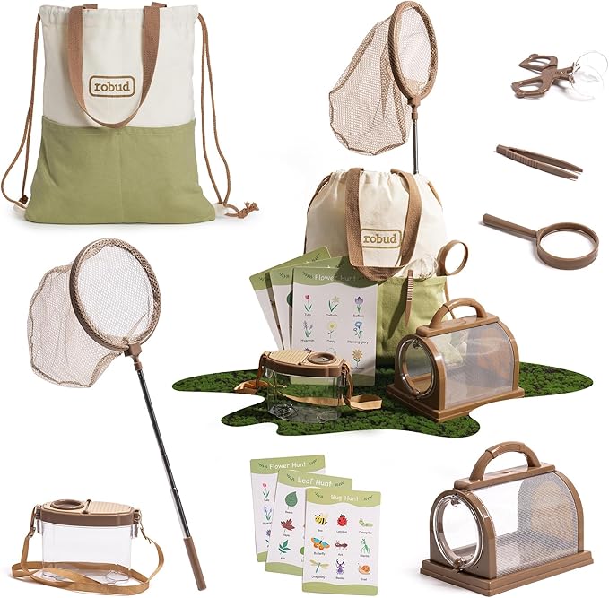 ROBUD Kids Explorer Kit, Bug Catcher Kit with Bag Kit, Outdoor Exploration Set for Camping, Montessroi Toy for Kids Coming Closer to Nature，WRP07