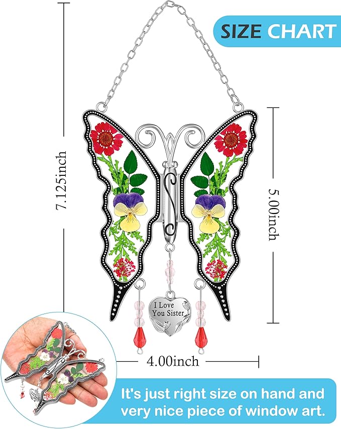 KY&BOSAM Butterfly Suncatcher I Love You Sister Stain Glass Suncatchers for Window Hanging Wind Chime Pressed Flower Between Wings and Charm Birthday Gifts for Women Mother's Day Valentine's Christmas