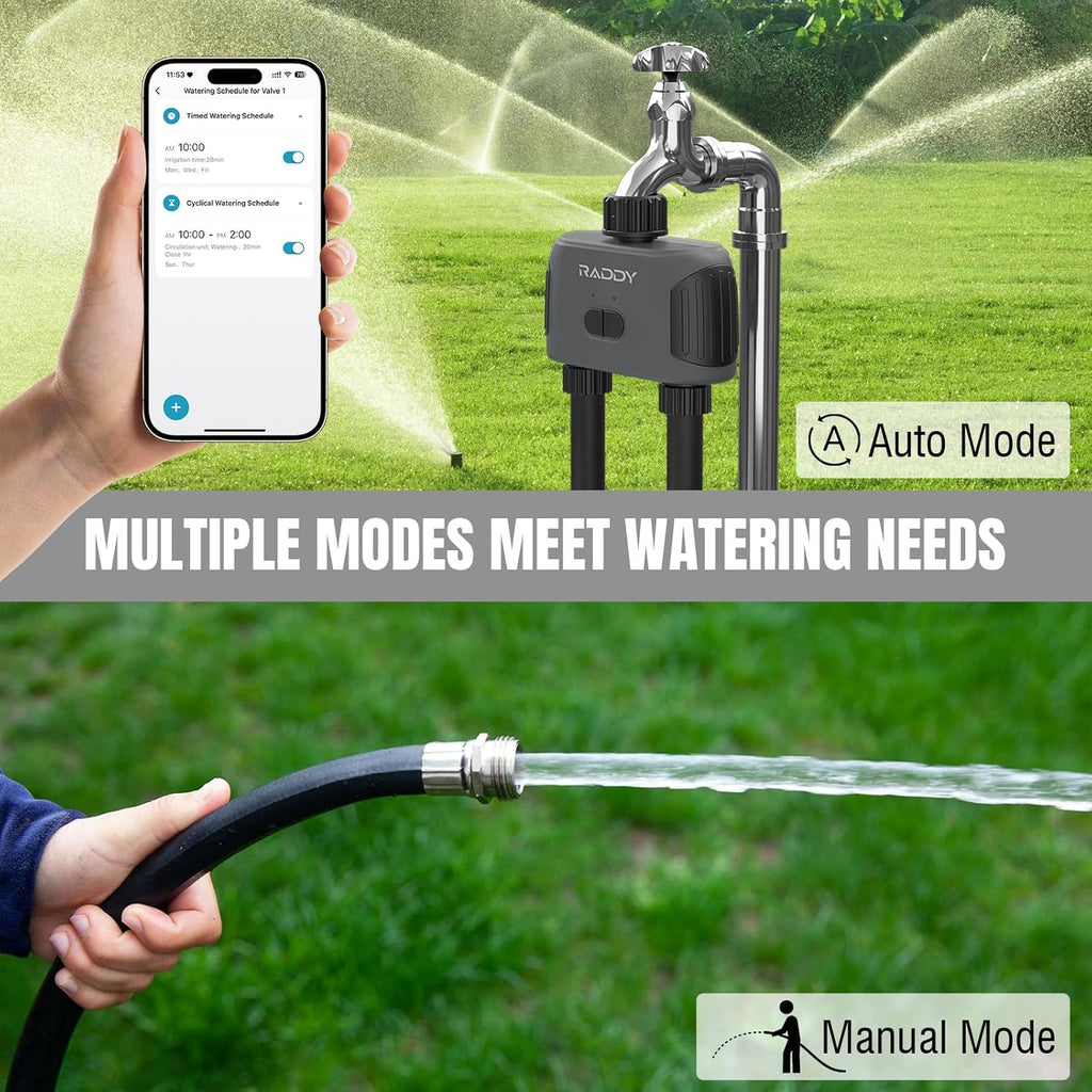 Raddy WS-3 WiFi Water Timer,2 Zones Sprinkler Timer for Garden Hose, Automatic Irrigation System with WiFi Hub, APP Control, Work with AWiFi Hub, Rain Delay for Lawns and Yard,2 Outlets