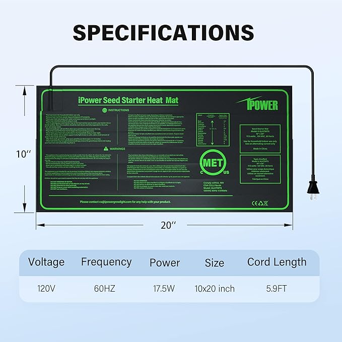 iPower 2-Pack Durable Waterproof Seedling Heat Mat 10" x 20" Warm Hydroponic Plant Germination Starting Pad, 2 Pack, Black