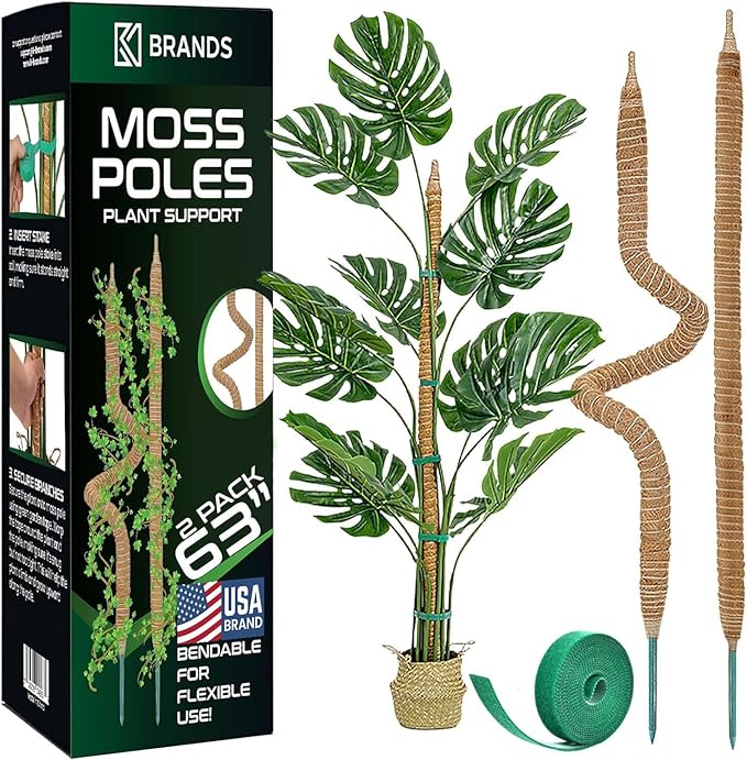 2 Pack 63'' Bendable Moss Pole Monstera Plant Support for Climbing Indoor Plants - Stakes for Potted Climbers - Tall Sticks Indoor Trellis for Houseplants - Accessories for Monstera Pot