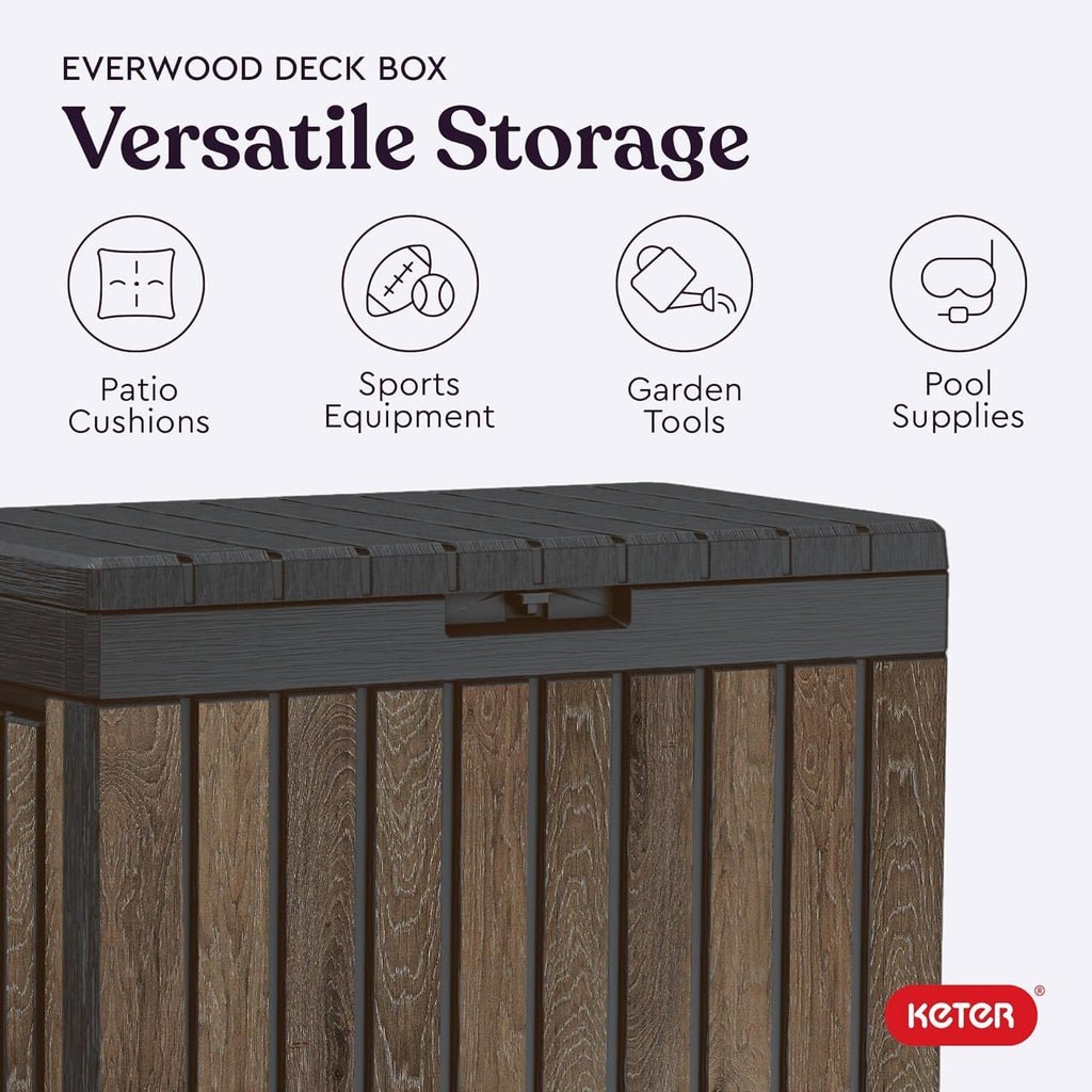 Keter Signature Everwood 50 Gallon Resin Outdoor Storage Box and Patio Furniture Side Table for Pool and Garden Accessories, Walnut
