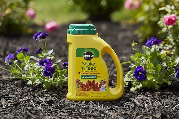 Miracle-Gro Shake 'N Feed All Purpose Plant Food Plus Weed Preventer1, Prevents Crabgrass, Common Chickweed and Common Purslane in Gardens, 4.5 lb.