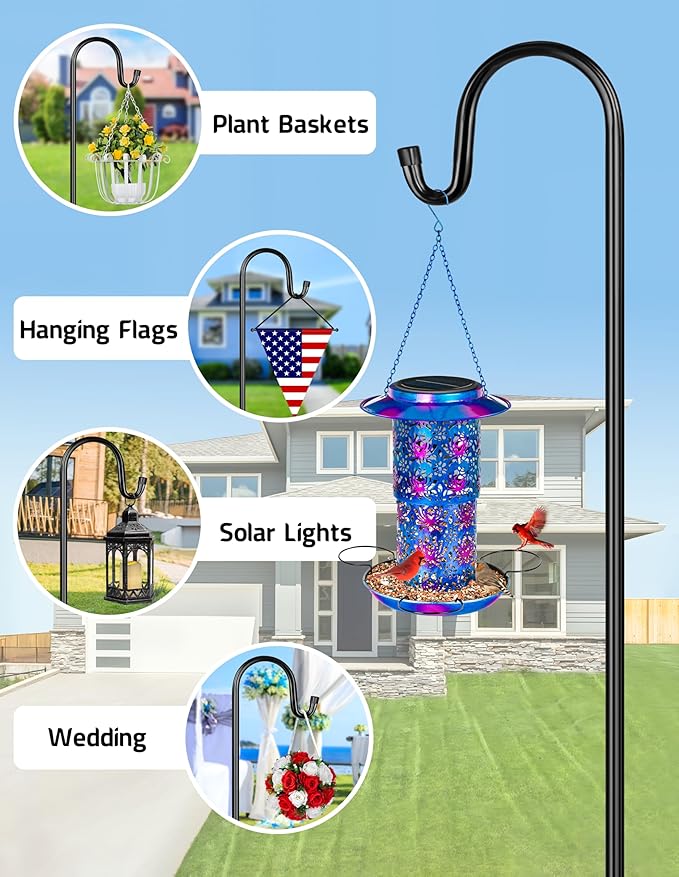 XDW-GIFTS Bird Feeder Pole for Outdoor, 2-Pack 60 Inch Shepherds Hooks Heavy Duty Garden Pole for Hanging Plant Basket, Solar Light Lanterns, Garden Plant Hanger Stands with 5 Base Prongs