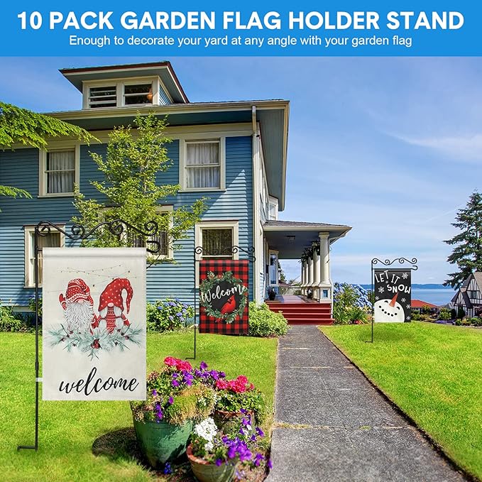 10 Pack Garden Flag Stand with Flag Stoppers and Clips, Black Powder Coated Weather Proof Garden Flag Pole Holder for Outdoor Garden Flag (Stylish Style, 15.75 x 36.22 Inch)