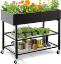 KING BIRD Raised Garden Bed with Legs & Double-Layer Storage Shelf, Galvanized Elevated Planter Box with Lockable Wheels for Backyard, Patio, Balcony, 400lb Capacity, Black, 48x24x38 in