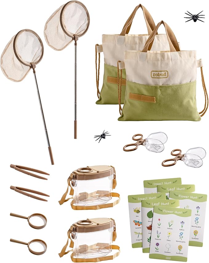 ROBUD Dual Kids Explorer Kit, Bug Catcher Kit with Bags Kit, Green Outdoor Exploration Set for Camping, Montessroi Toy for Kids Coming Closer to Nature，WRP29