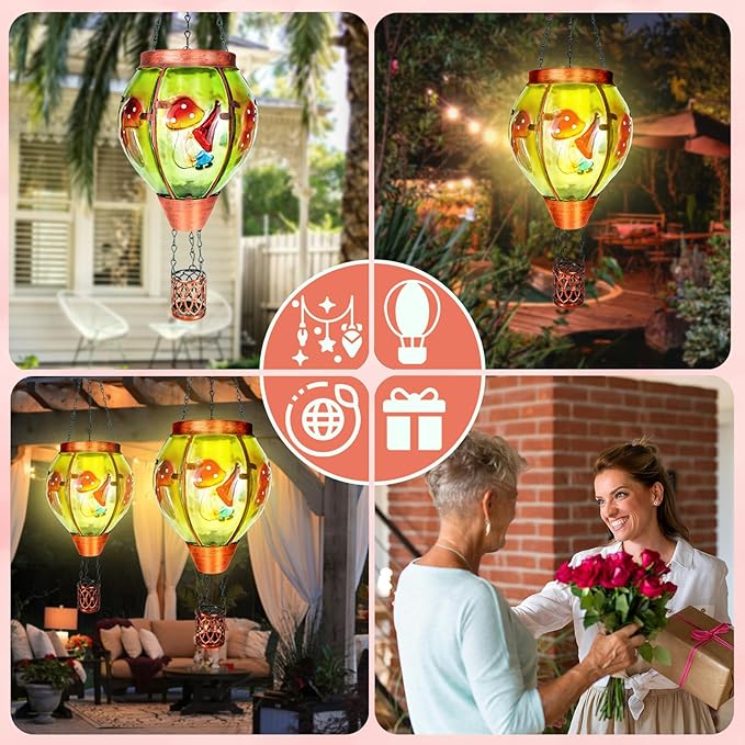 4 Pack Solar Hot Air Balloon Lantern with Flame， Mushroom Gnome Glass Solar Hanging Lanterns Outdoor for Outside Garden Patio Tree Porch Yard, Mushroom Gifts for Women Grandma Mom - Mushroom