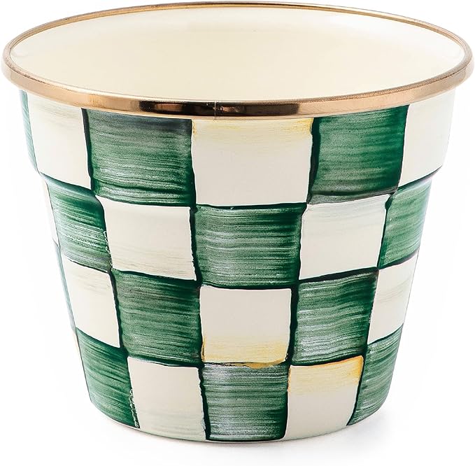 MACKENZIE-CHILDS Enamel Garden Pot, Decorative Pot for Plants, Outdoor Flowerpot Decor, Small, Green-and-White Emerald Check