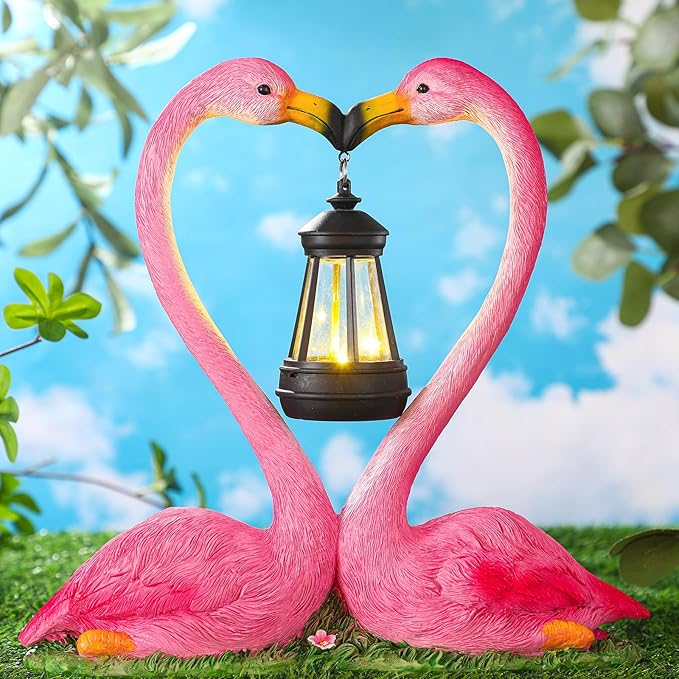 Kiss Flamingo Statue Garden Decor with Solar Lights LED Outdoor Decoration Figurines for Yard Patio, Porch, Home, Flamingo Gift for Mothers Day, Women, Mom, Grandma Anniversary Couple Wife