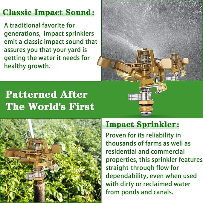 Ferraycle 3 Pieces 1/2 Inch Brass Impact Sprinkler Head with Nozzles Heavy Duty Adjustable 0-360 Degrees Impulse Sprinkler Head Lawn Watering for Yard Irrigation