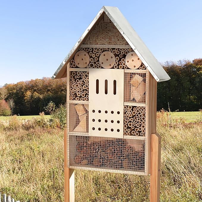 antiai Extra Large Wooden Insect House with Stakes,Wood Mason Bee Butterfly House,Insect Hotel,an Outdoor Bamboo Habitat for Ladybugs Live,Bee Box,Butterfly Habitat for Garden and Yard,30" H x15 W