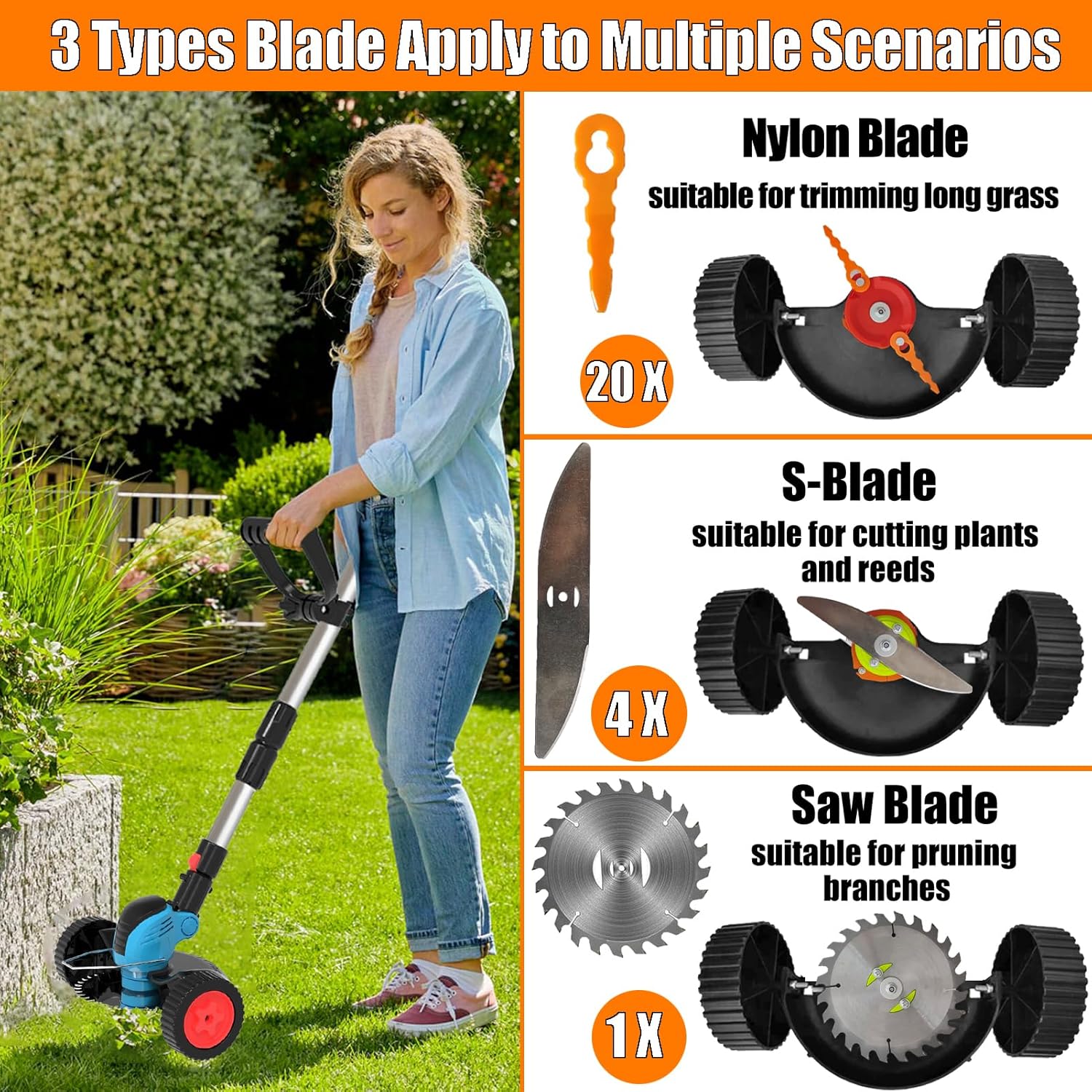 Electric Weed Wacker Cordless Eater Battery Powered Eater Lightweight Edger Portable Stringless Grass Trimmer/Lawn Mower/Brush Cutter, with 3 Types Blades & Wheels for Yard and Garden-Blue