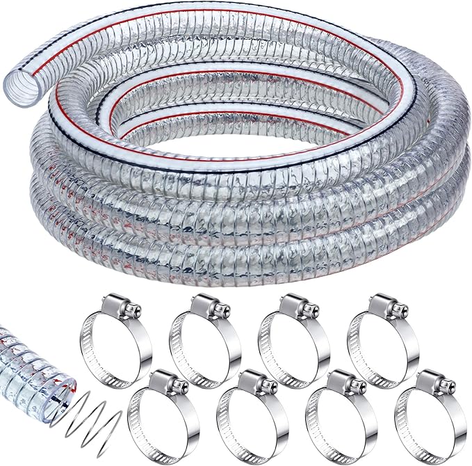 Frienda Heavy Duty Steel Wire Flexible Tubing with Fasteners PVC High Pressure Drain Hose Tube Pond Tubing Clear Wire Reinforced for Pond Bilge Pump Vacuum Suction Hose(24.6 Ft, 1 Inch Id)