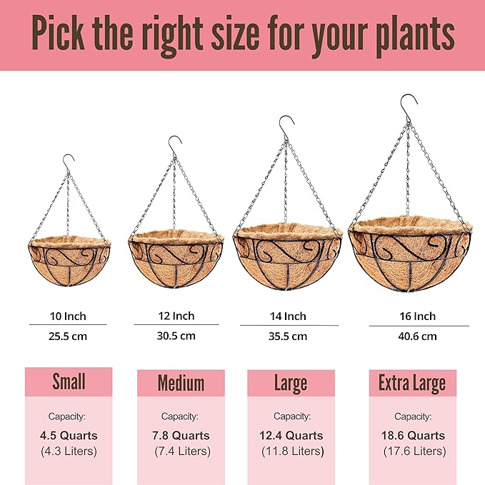 LaLaGreen Hanging Planter for Outdoor Plants (2 Pack, 10 Inch) Hanging Baskets with Coco Liner, Metal Wire Flower Basket Pots with Hook Hanger Balcony Porch Farmhouse Country Style Garden Decor