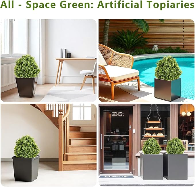 27“ Realistic Artificial Boxwood Topiary Trees Set of 2, Faux Boxwood Plants Outdoor UV-Resistant, No Maintenance Curb Appeal Fake Evergreen Bushes & Shrubs for Front Porch Outside Planter Decor