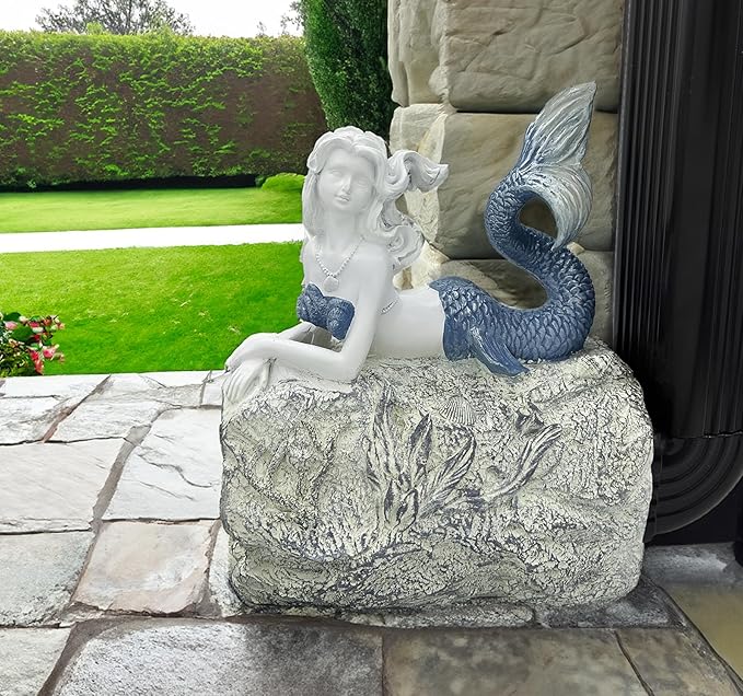 Mermaid Gutter Downspout Splash Block Statue, Garden Outdoor Animal Decor Sculpture, Diverter Rain, Decorative Extension, Waterproof Resin, Fits 3"x4" Rectangular Downspouts, Unique Gift